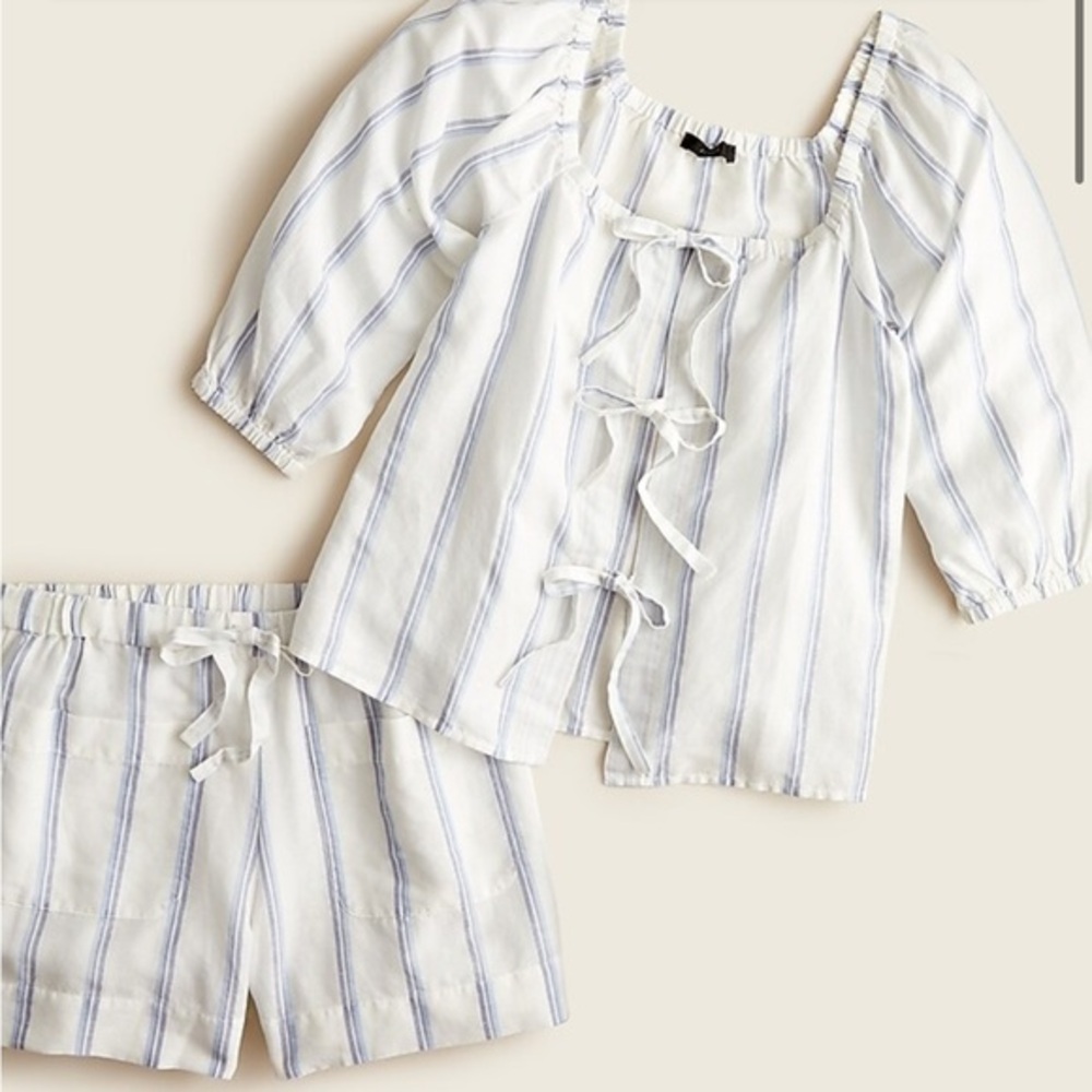 J Crew 2 piece blue & white Tie-front cotton-linen beach set size small